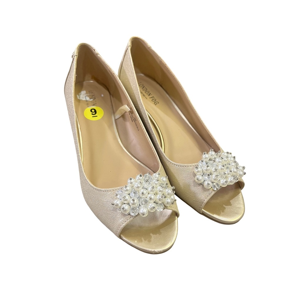 London Fog Champagne/Beige Pearl Embellished Wedge Peep Toe